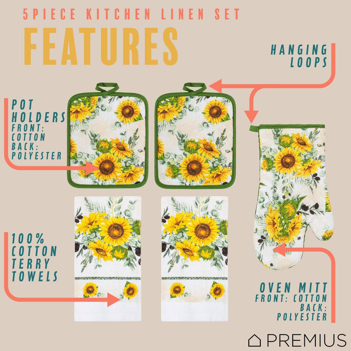 Shopbobbys Premius 5 Piece Printed Kitchen Linen Set, 2 Cotton Towels, 2 Pot Holders, 1 Oven Mitt