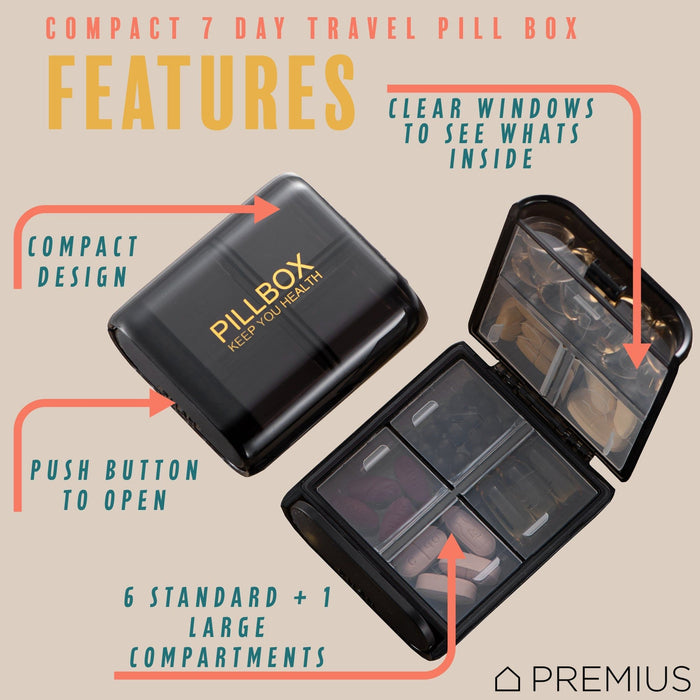 Shopbobbys Premius 7 Day Compact Travel Foldable Pill Organizer Box, Clear-Black, 3.3X2.95X1.18 Inches