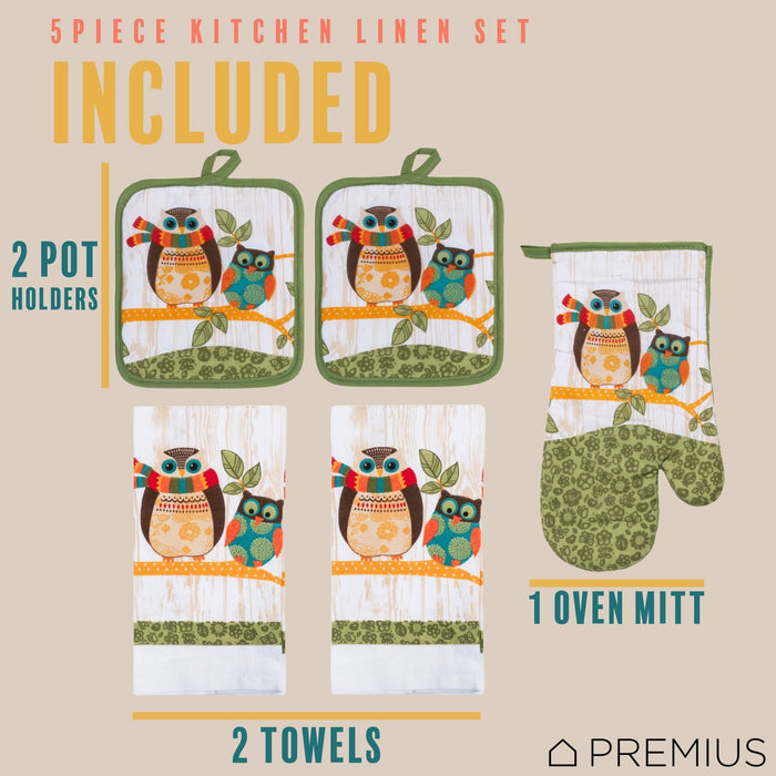 Shopbobbys Premius 5 Piece Printed Kitchen Linen Set, 2 Cotton Towels, 2 Pot Holders, 1 Oven Mitt