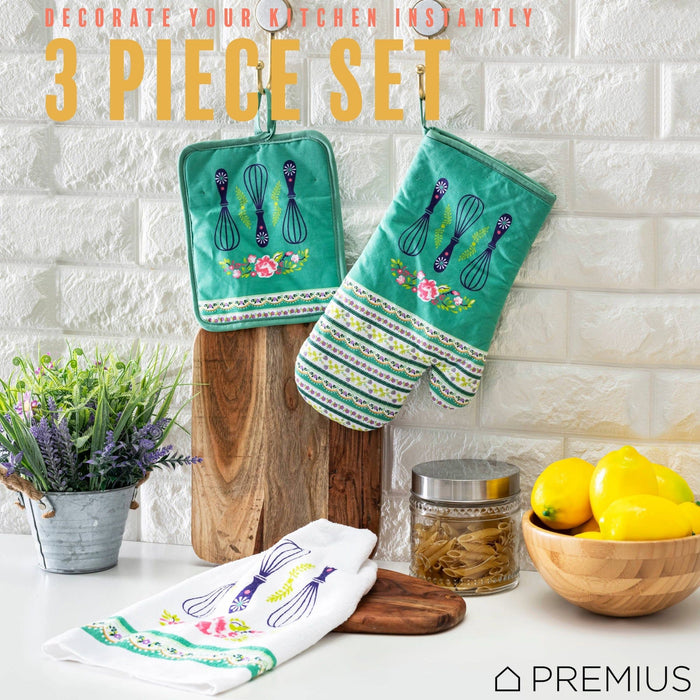 Shopbobbys Premius 3 Piece Printed Kitchen Linen Set, 1 Cotton Towel, 1 Pot Holder, 1 Oven Mitt