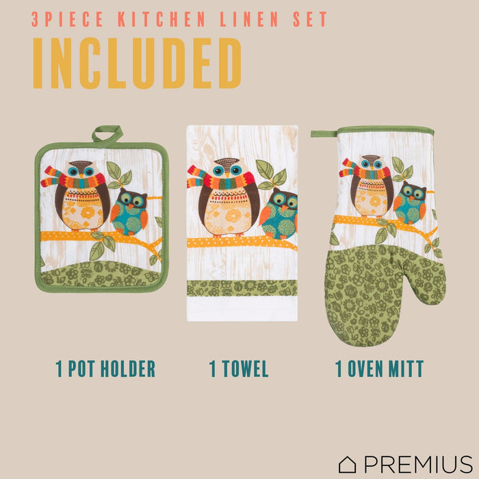 Shopbobbys Premius 3 Piece Printed Kitchen Linen Set, 1 Cotton Towel, 1 Pot Holder, 1 Oven Mitt