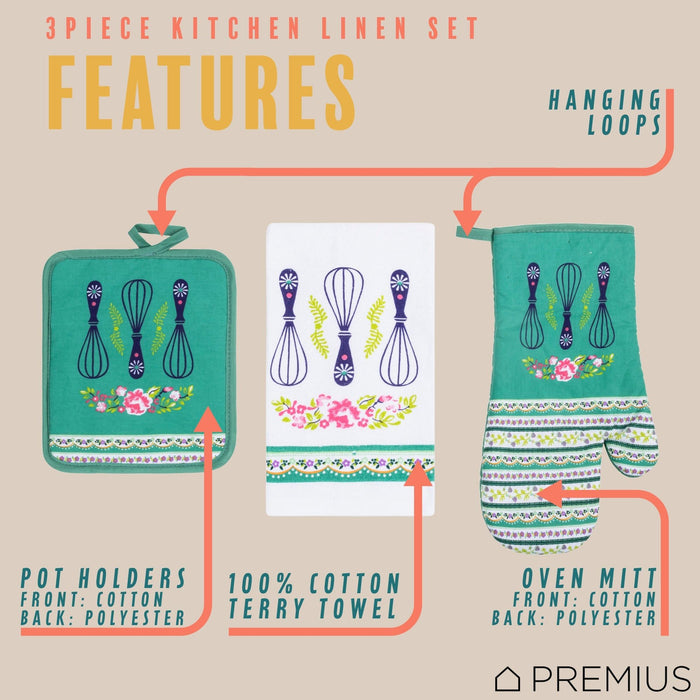 Shopbobbys Premius 3 Piece Printed Kitchen Linen Set, 1 Cotton Towel, 1 Pot Holder, 1 Oven Mitt