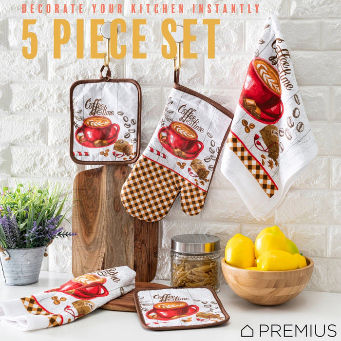 Shopbobbys Premius 5 Piece Printed Kitchen Linen Set, 2 Cotton Towels, 2 Pot Holders, 1 Oven Mitt