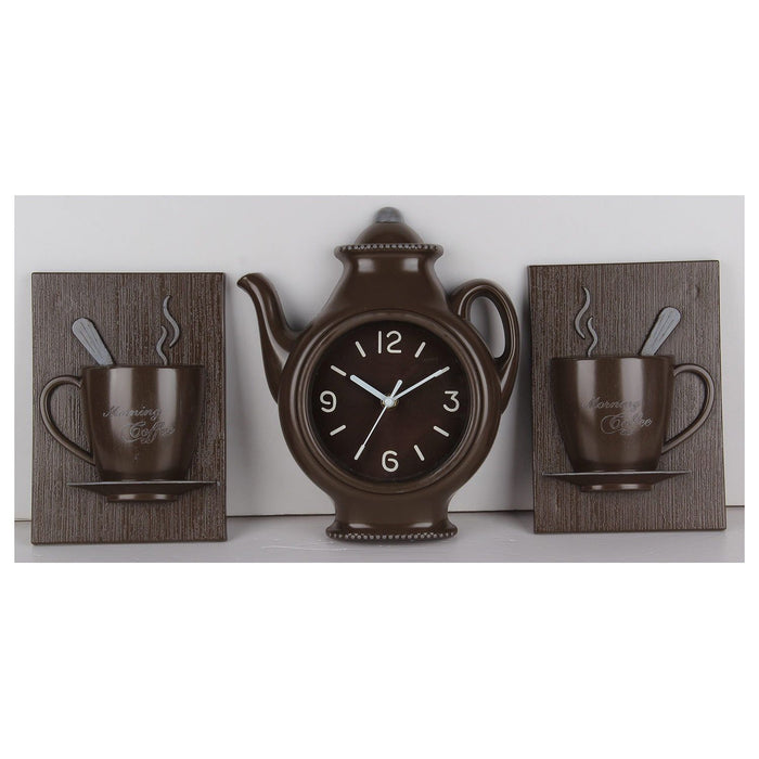 Shopbobbys Premius 3 Piece Coffee Wall Clock With Mugs Accent, Brown, 9X11 Inches