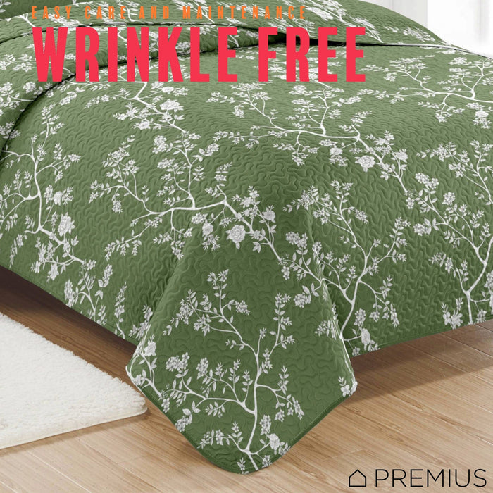 Shopbobbys Premius Fernando 3 Piece Microfiber Wrinkle-Free Quilt Set, Green-White