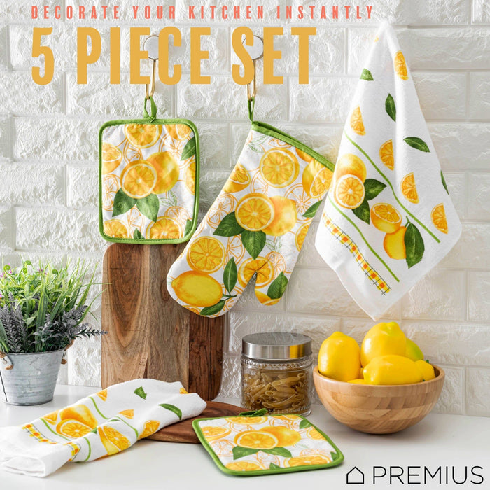 Shopbobbys Premius 5 Piece Printed Kitchen Linen Set, 2 Cotton Towels, 2 Pot Holders, 1 Oven Mitt