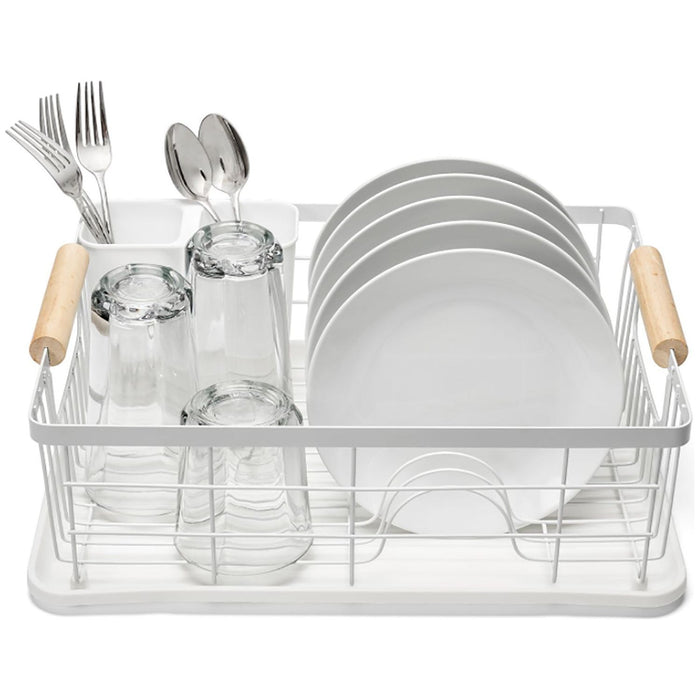 Shopbobbys Premius 3 Piece Dish Rack With Bamboo Handles, White, 16.9X12.6X4.3 Inches