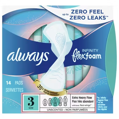 Always® Infinity Flex Foam Extra Heavy Flow Pad with Wings, Size 3, 14-Pack