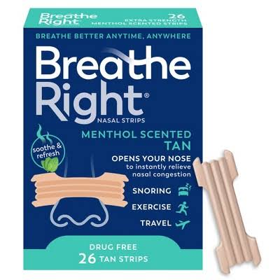 Breathe Right Breathe Right Menthol Tan Adhesive Nasal Strips – 26 Count Snoring & Sleep Apnea Aids Midnight Blue