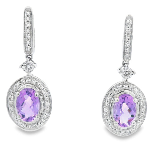 Bids.com .93ct Amethyst Diamond Dangle Earrings 10KT White Gold Earrings