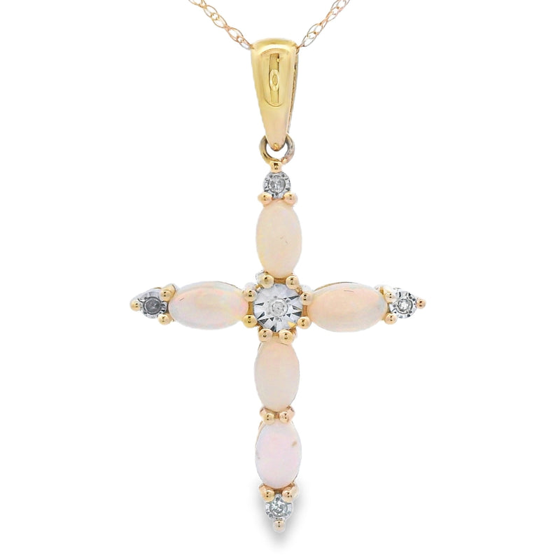 Bids.com Opal Diamond Cross Religious Pendant 10KT Yellow Gold Pendants
