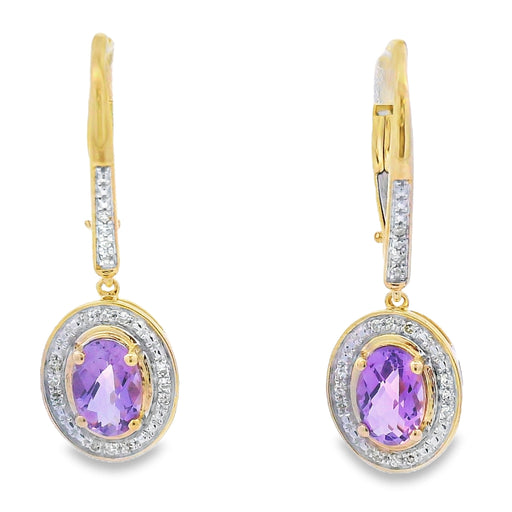 Bids.com .98ct Amethyst Diamond Dangle Earrings 10KT Yellow Gold Earrings