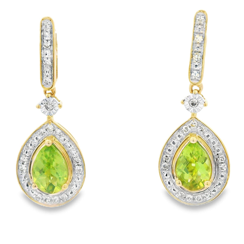 Bids.com .96ct Peridot Diamond Dangle Earrings 10KT Yellow Gold Earrings