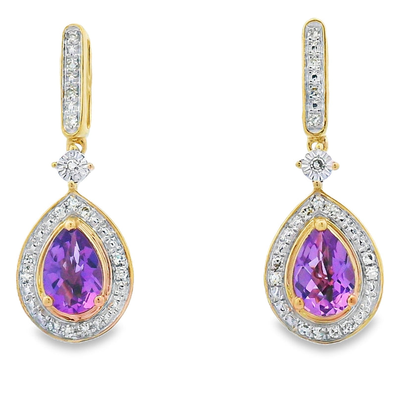 Bids.com .88ct Amethyst Diamond Dangle Earrings 10KT Yellow Gold Earrings