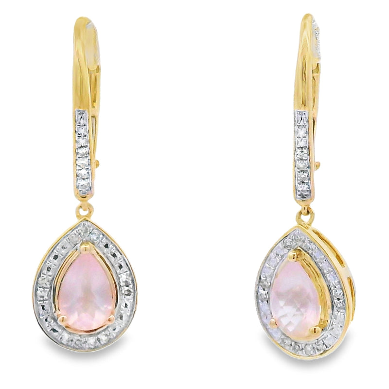 Bids.com Rose Quartz Diamond Dangle Earrings 10KT Yellow Gold Earrings