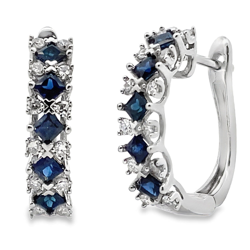 Bids.com .93ct Sapphire Diamond Hoop Earrings 14KT White Gold Earrings