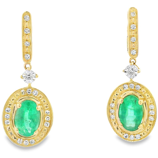 Bids.com .95ct Emerald Diamond Dangle Earrings 10KT Yellow Gold Earrings