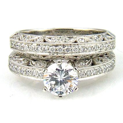 Bids.com .54ct Antique Style Engagement Ring Set 18KT White Gold Rings