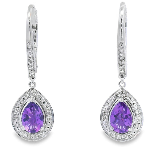 Bids.com .88ct Amethyst Diamond Dangle Earrings 10KT White Gold Earrings