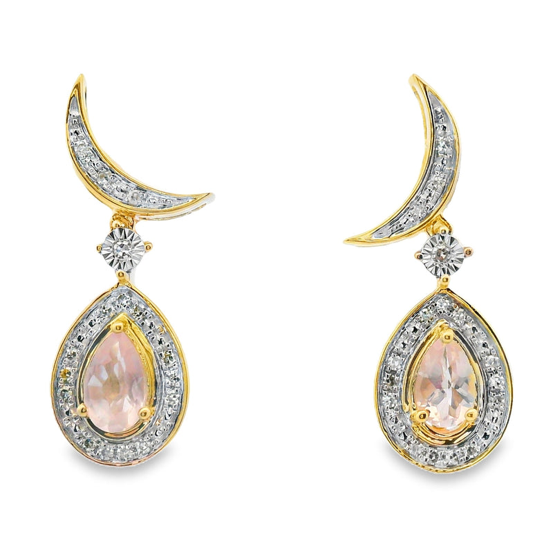 Bids.com Rose Quartz Diamond Dangle Earrings 10KT Yellow Gold Earrings
