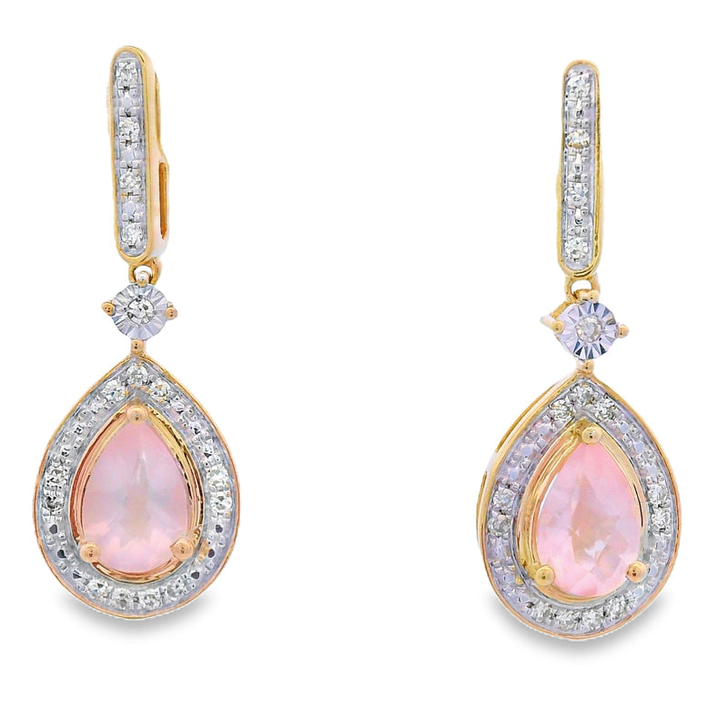 Bids.com Rose Quartz Diamond Dangle Earrings 10KT Yellow Gold Earrings