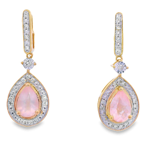 Bids.com Rose Quartz Diamond Dangle Earrings 10KT Yellow Gold Earrings