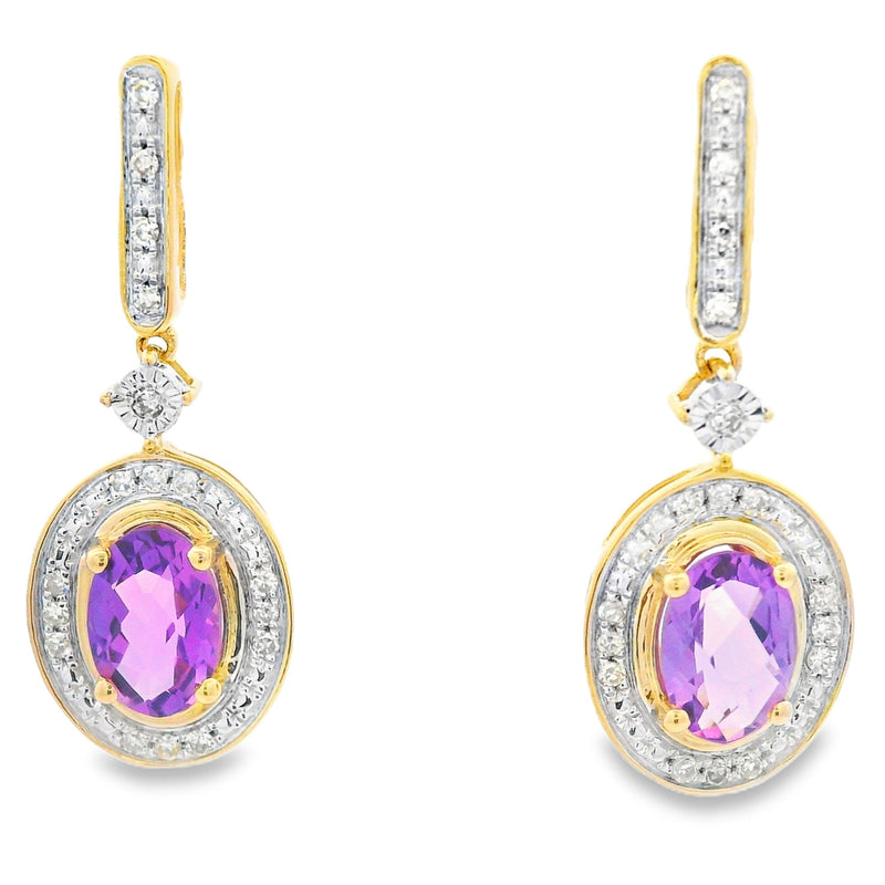 Bids.com .93ct Amethyst Diamond Dangle Earrings 10KT Yellow Gold Earrings