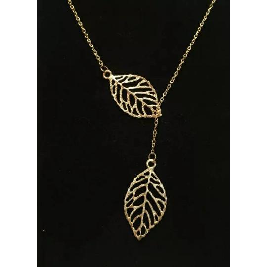 Gold Silver Twin Filigree Leaf Y shape Lariat Adjustable Necklace