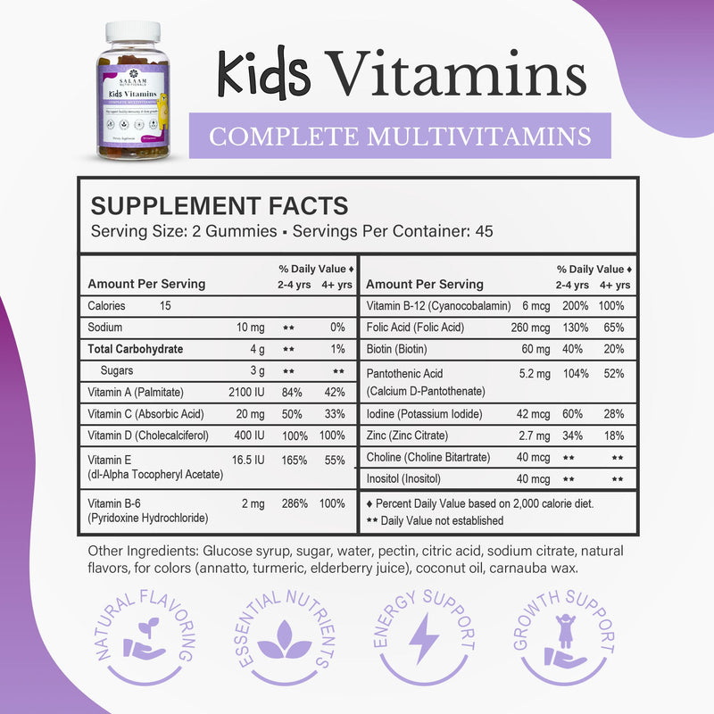 Salaam Nutritionals Halal Kids Gummy Multivitamins with Vitamins A, C, E & Zinc - 90 Count | Salaam Nutritionals