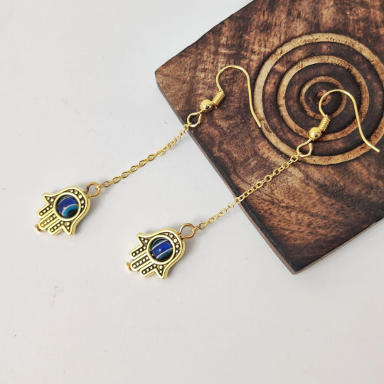 Long Chain Gold Hamsa Fatima Hand Protection Evil Eye Tassel Hand Drop Earring