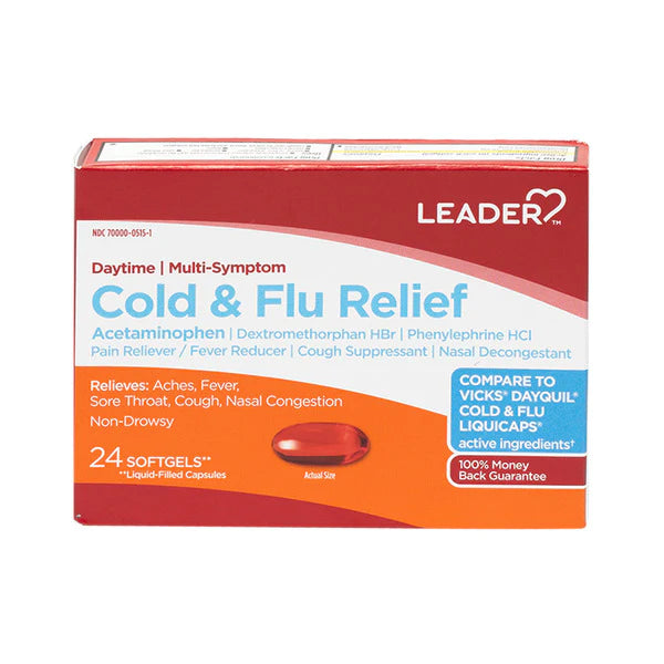 Leader Daytime Severe Cold & Flu Relief, Cooling Sensation, 24 Caplets