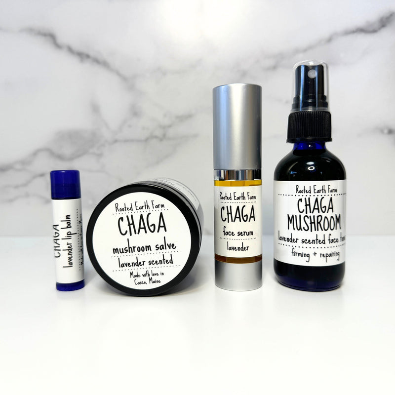 Rooted Earth Farm + Apothecary Chaga Skin Care Gift Set Herbal Salves + Balms White Smoke Unscented,Lavender