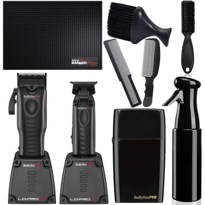 Babylisspro Black Combo Set, Lo-Profx Clipper #Fx825 & Trimmer #Fx726 & Charging Base & Foil Shaver & Mat & Water Spray & Fade Brush & Neck Duster & Combs Barber Bundle Set