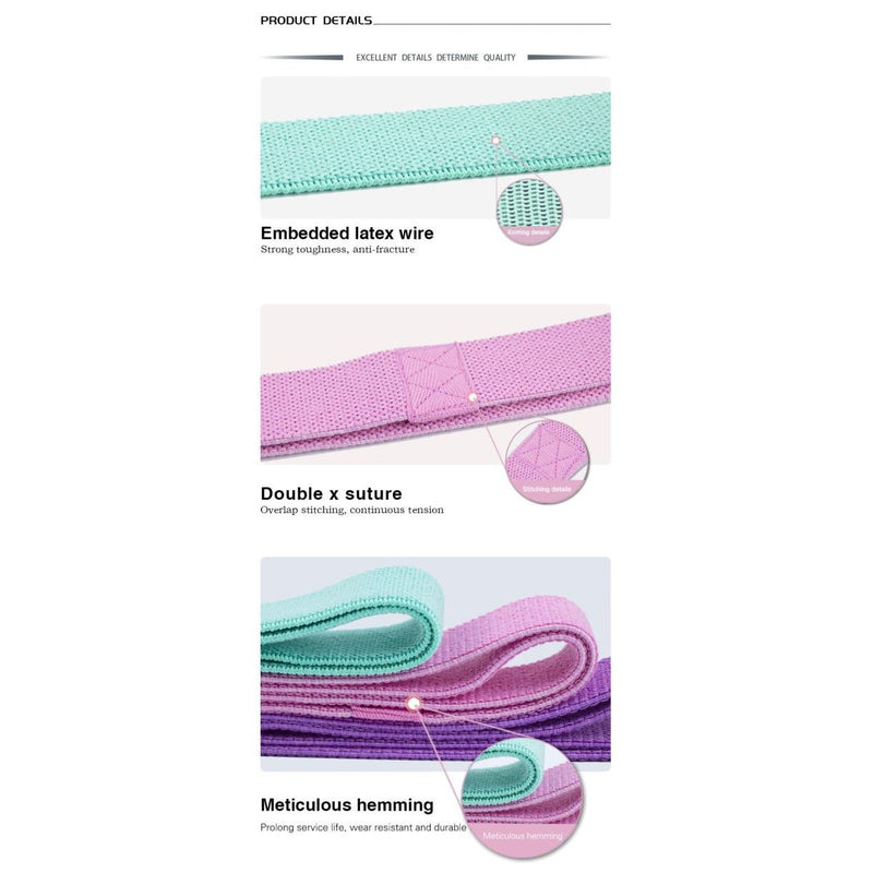 Long Resistance Bands 3 Strengths Purple, Pink and Green
