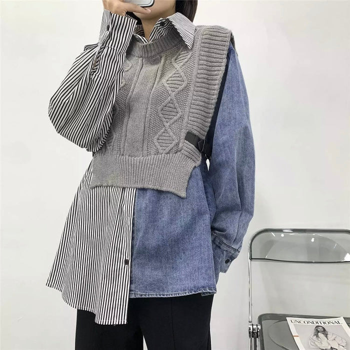 Long Sleeve Oversized Knitted Patchwork Women's Sweater