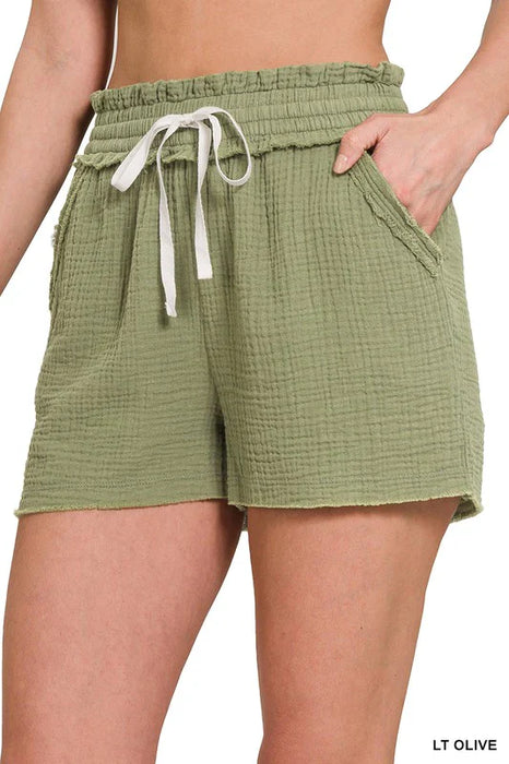 Zenana Double Elasticband Drawstring Waist Shorts