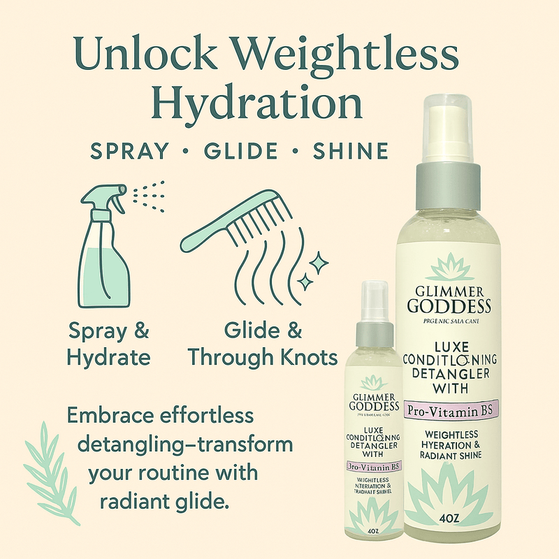 Glimmer Goddess® Organic Skin Care Luxe Conditioning Detangler with Pro-Vitamin B5 – Weightless Hydration & Radiant Shine Hair Care Beige