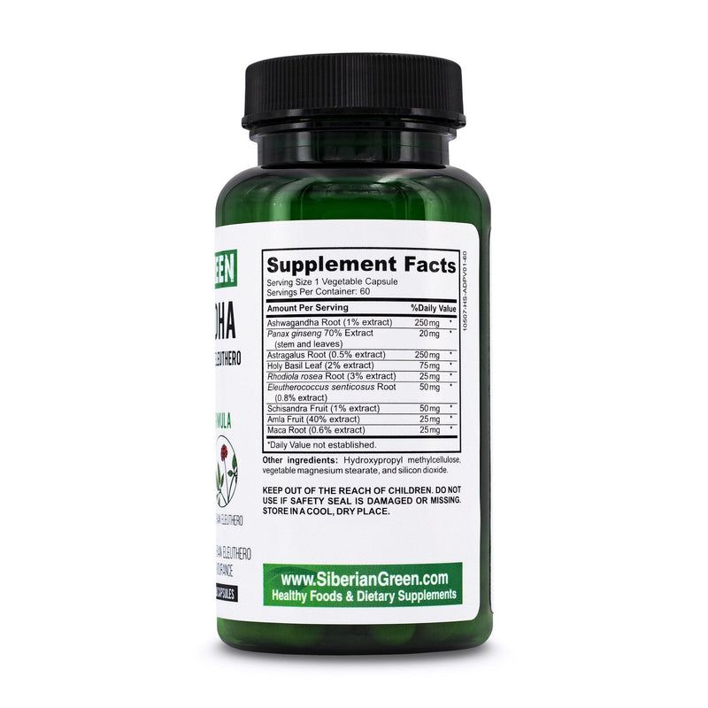 SiberianGreen.com Organic Ashwagandha, Astragalus & Siberian Ginseng Complex – 60 Vegan Capsules Herbs