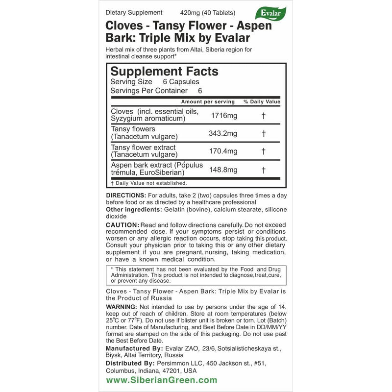 SiberianGreen.com Cloves, Tansy & Aspen Herbal Mix – Evalar 40 Capsules Herbs