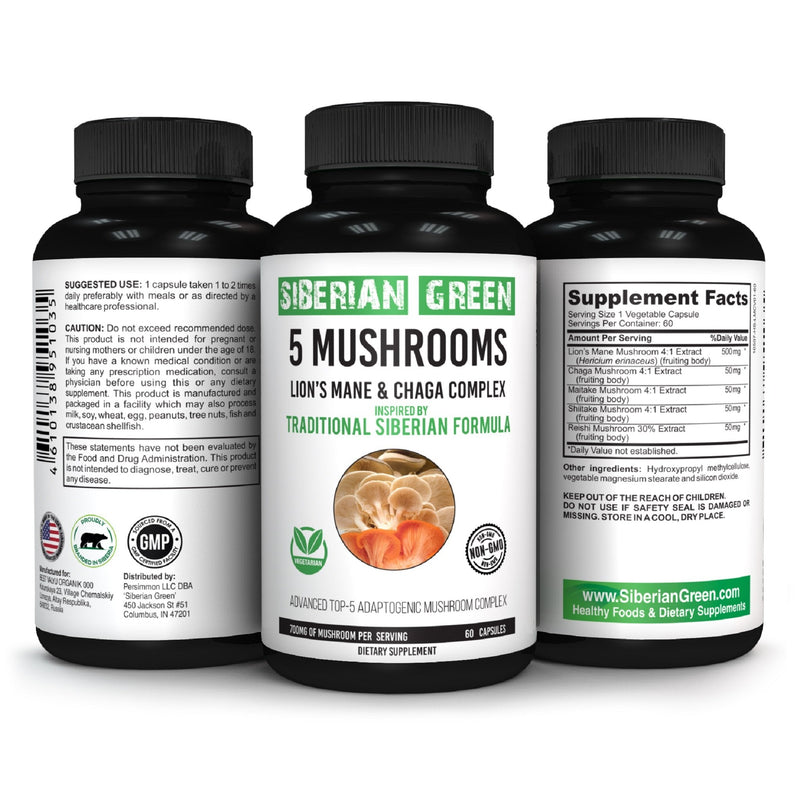 SiberianGreen.com Siberian Green 5 Mushrooms Complex- 60 Vegan Capsules Herbs