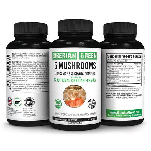 SiberianGreen.com Siberian Green 5 Mushrooms Complex- 60 Vegan Capsules Herbs
