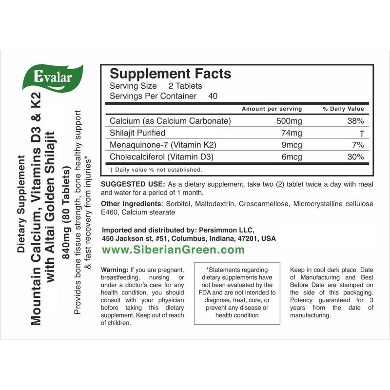 SiberianGreen.com Mountain Calcium with Vitamins D3 + K2 and Shilajit - 80 Tablets | Evalar Herbs