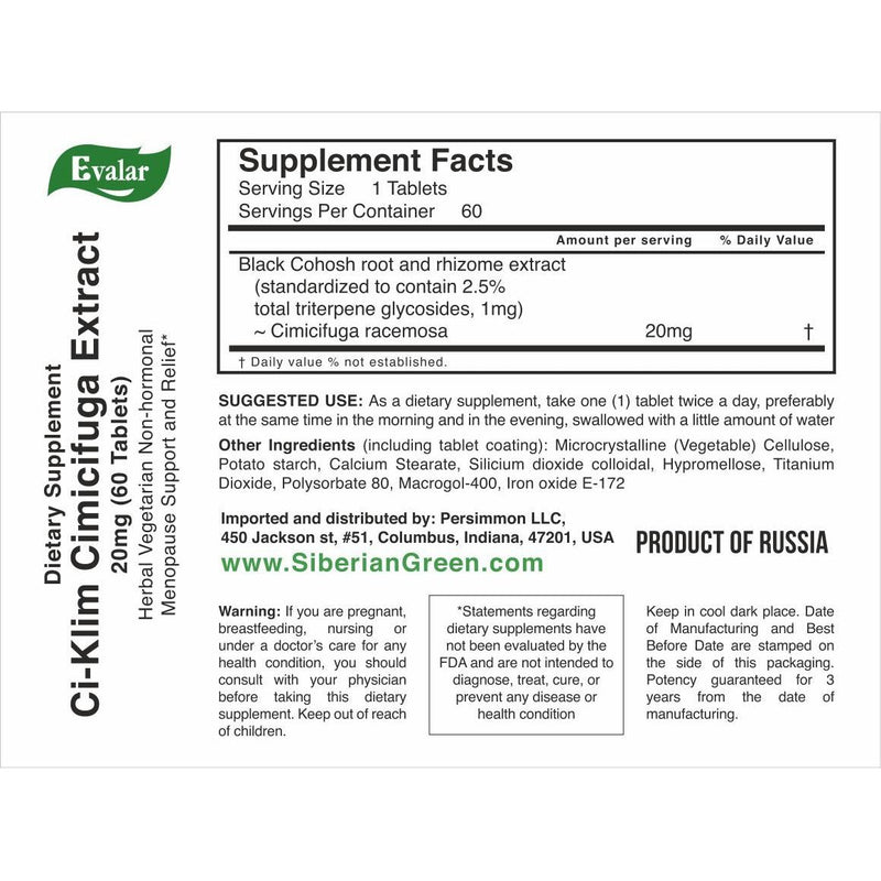 SiberianGreen.com Black Cohosh Herbal Extract by Evalar Ci-Klim 60 Tabs Herbs