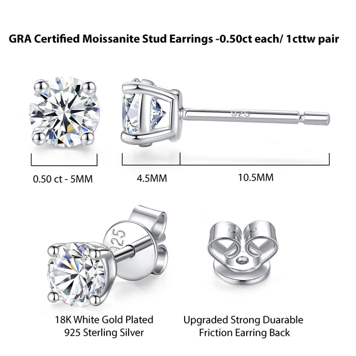 Lavishe Moissanite Stud Earrings GRA-Certified Lab Created Diamond 18K Gold Plated 925 Sterling Silver Earrings