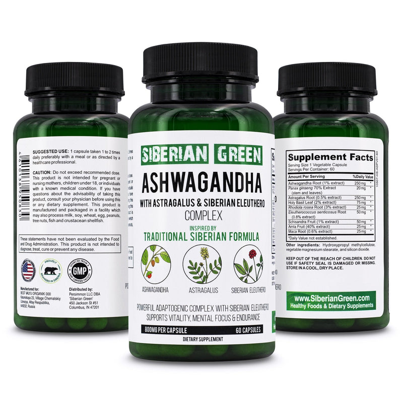 SiberianGreen.com Organic Ashwagandha, Astragalus & Siberian Ginseng Complex – 60 Vegan Capsules Herbs