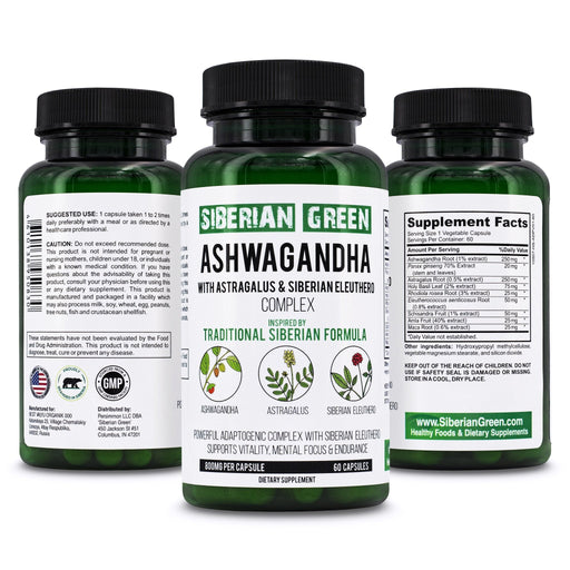 SiberianGreen.com Organic Ashwagandha, Astragalus & Siberian Ginseng Complex – 60 Vegan Capsules Herbs