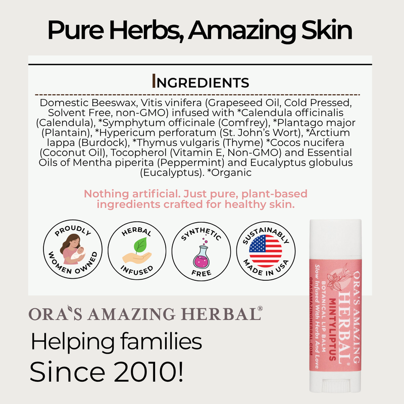 Ora's Amazing Herbal Natural Lip Balm, Herbal Infused, Mintyliptus Peppermint Eucalyptus