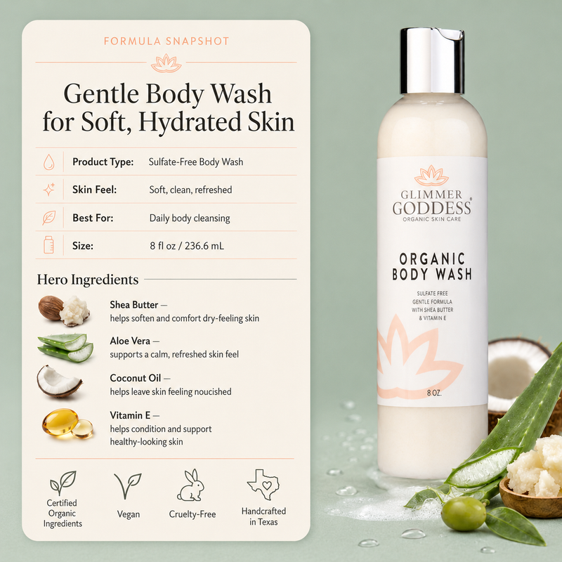 Glimmer Goddess® Organic Skin Care Organic Moisturizing Body Wash for Soft, Hydrated Skin Cleansers & Scrubs Seashell Lavender Lemon - Best Seller,Honeysuckle,Unscented