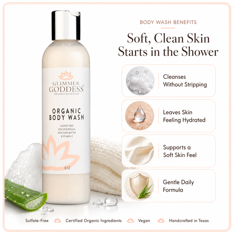 Glimmer Goddess® Organic Skin Care Organic Moisturizing Body Wash for Soft, Hydrated Skin Cleansers & Scrubs White Smoke Lavender Lemon - Best Seller,Honeysuckle,Unscented