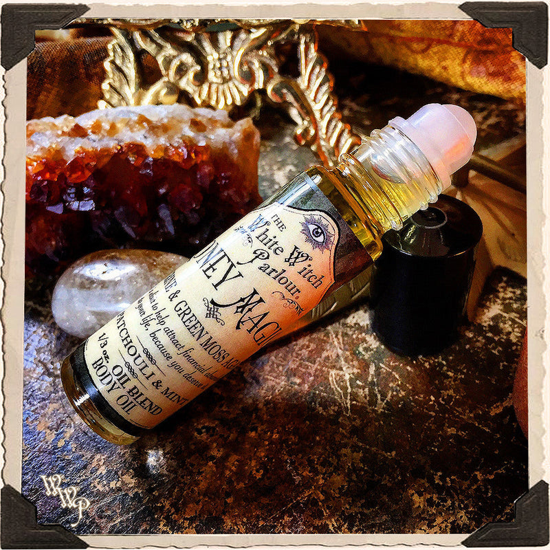 WhiteWitchParlour.com MONEY MAGICK Elixir 1/3oz. BODY OIL Rollon. Scent of Patchouli & Mint. Blessed by Citrine & Green Moss Agate Crystals. aromatherapy, perfume, oils